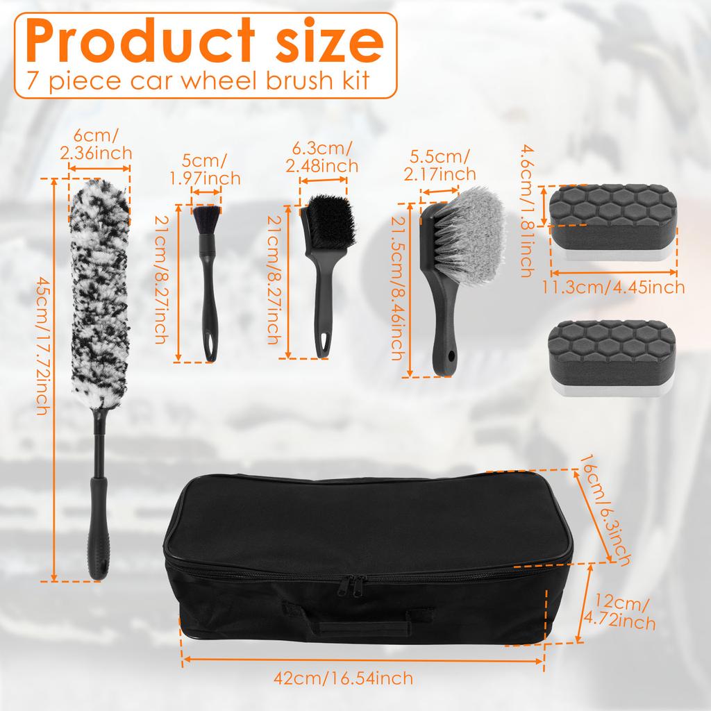 7Pcs Car Wheel Cleaning Kit Multiple Clean Tool with Storage Bag Soft Rim Brush Microfibre Flat Wheel Brush Sponge Detail Wiping