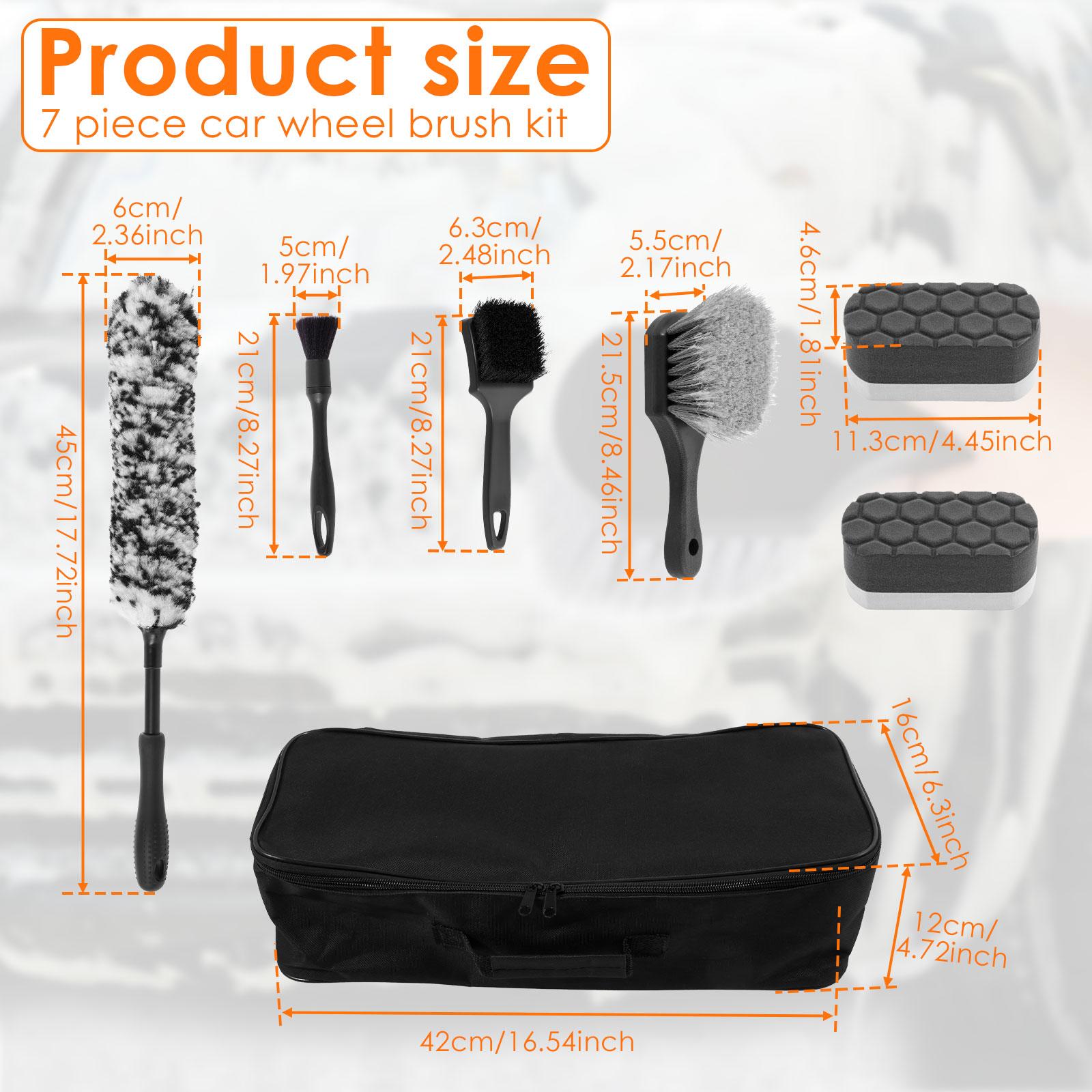 

7 шт. Набор для чистки автомобильных колес Несколько чистящих инструментов с сумкой для хранения Мягкая щетина для дисков Щетка из микрофибры для плоских колес Губка для детализации