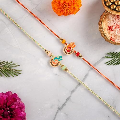 Rakhi For Brother - Set of 2 With Greeting Card for Bhaiya Traditional Pendant For Raksha Bandhan Designer Rakhi Thread for Bhaiya (Design 1)