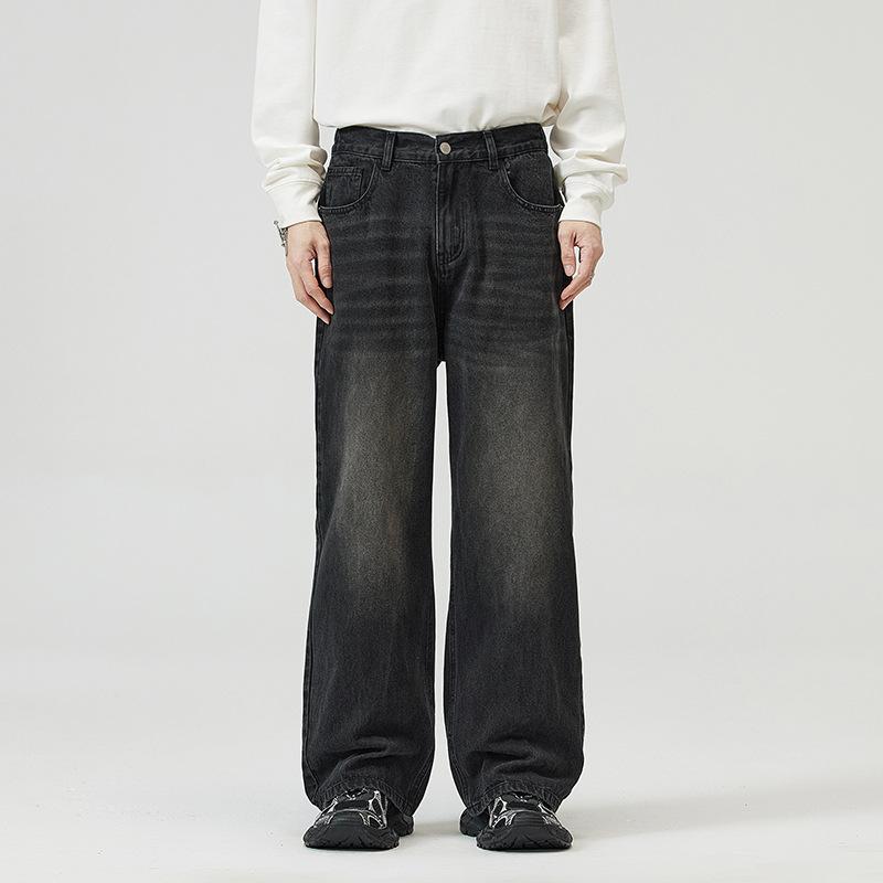 Simple Men's Denim Pants Casual Washing Solid Color Menswear Bottom Middle Waist Straight Wide Leg Loose Male Jeans 2025 Spring Autumn