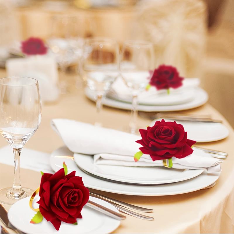 4pcs/Set Polyester Unique Simulated Rose Romantic Tableware Ornament Napkins Clasp Decorative Accessories