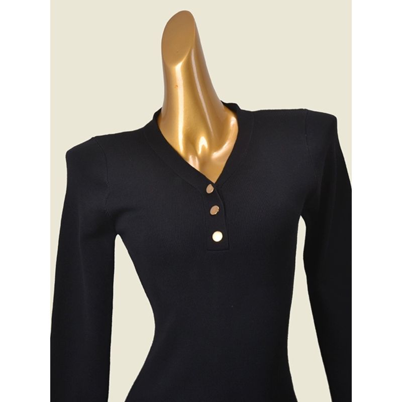 Foreign Trade Original Order Minimalist Black Long Sleeves Bodycon Dress Fashion Wind High Elastic Silm Metal Buckle Knitting Base Dress