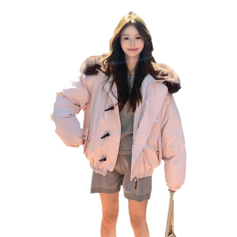 Retro großer Pelzkragen Kapuze Baumwollkleidung Damen Wintermantel Neue Hörnchen-Schnalle Verdickte Baumwollpolsterung Kleidung