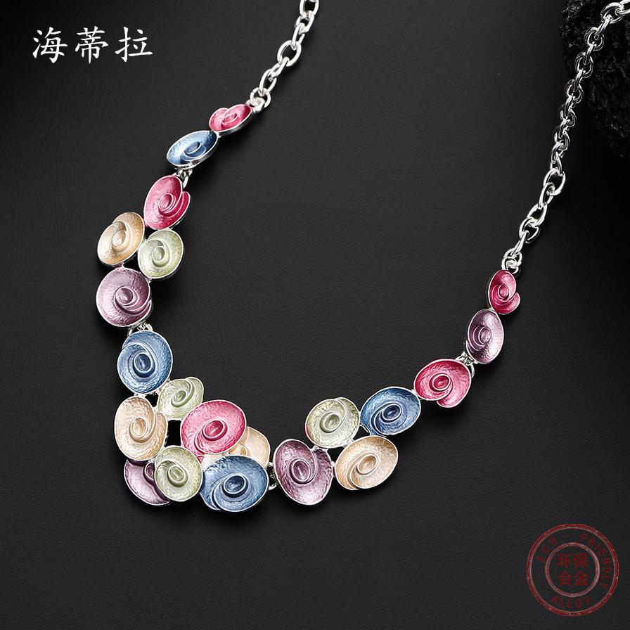 New pendant colored flower alloy necklace petal shape dripping oil women's versatile item