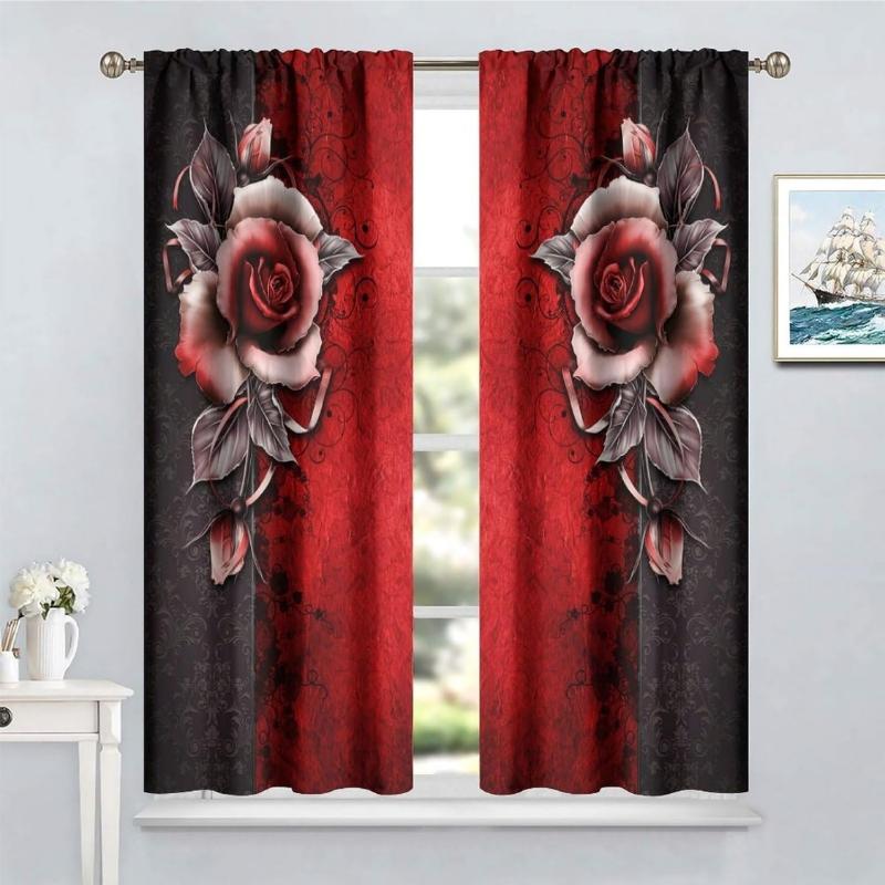 Red Rose Curta,Valentines Romantic Rose Print Burgundy Red And Black Flower Window Treatments For Women Girls Home Decor