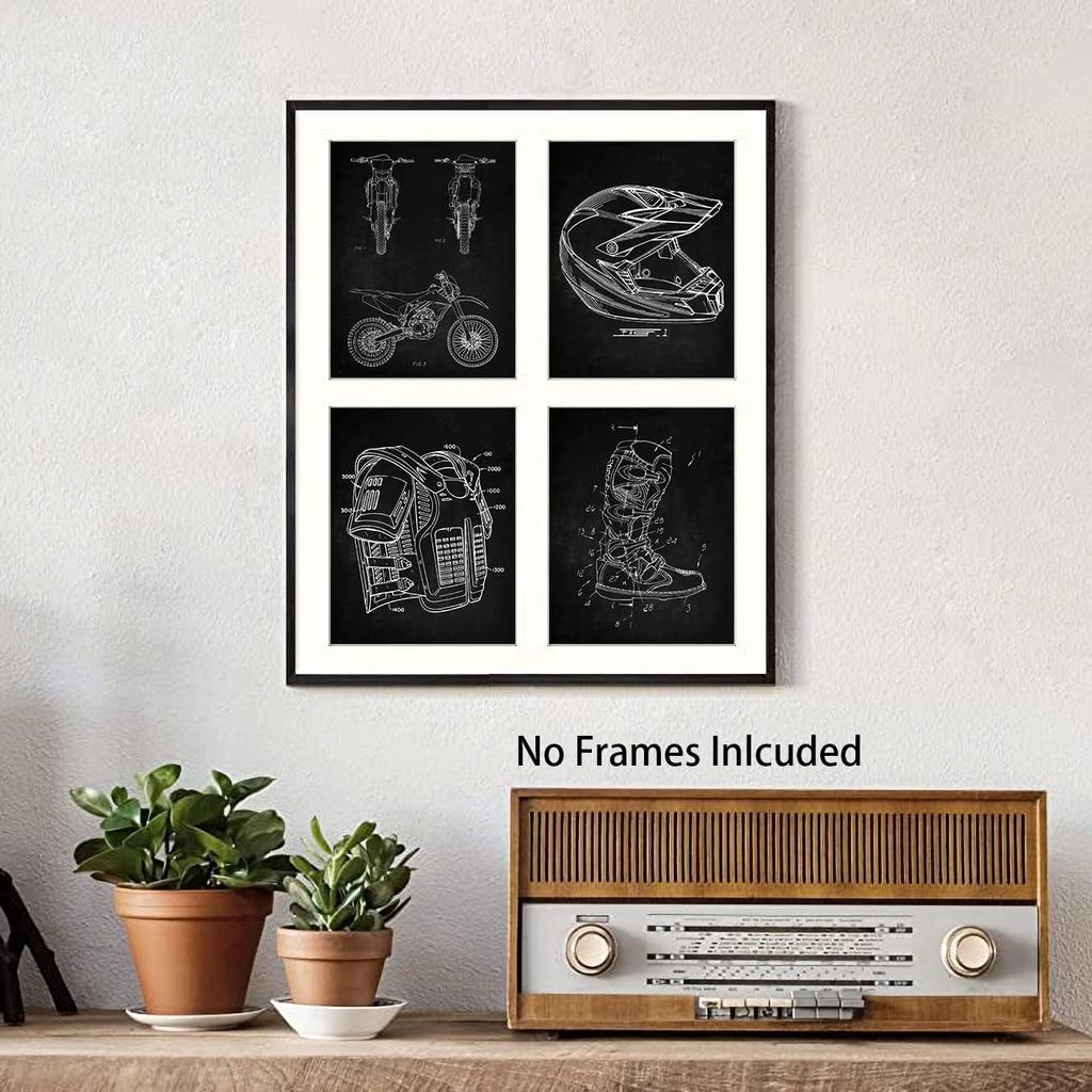 MOOXO Motorcycle Dirt Bike Patent Wall Art, Vintage Motocross Canvas Posters, Helmet Body Armor Motorbike Boots Art Prints for Man Cave Garage Home