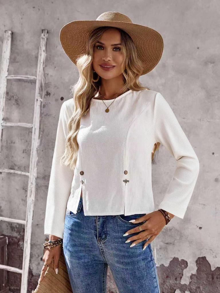 European White Long Sleeve Button-Decorated Split Casual Shirt