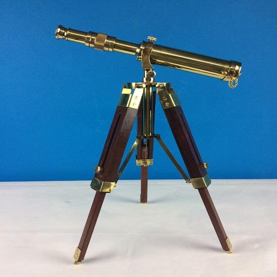 Handmade Traditional Telescope Brass Height 30 Cm with Wooden Stand Lens Lid Modern