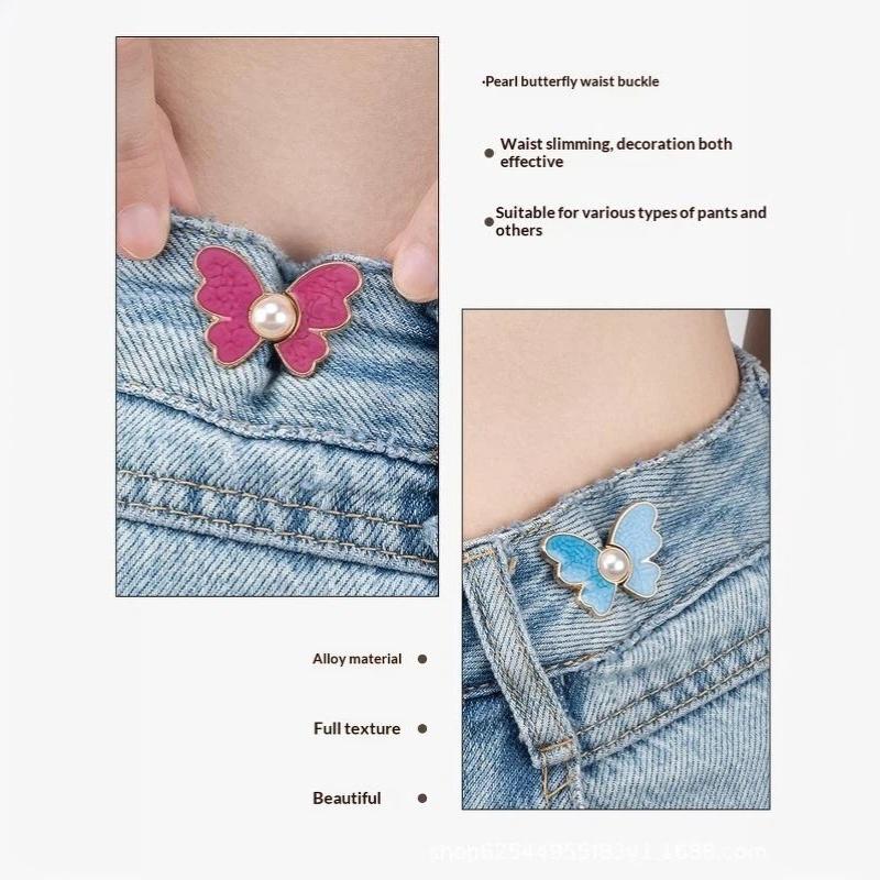 Pearl Butterfly Adjustable Pant Waist Tightener Jeans Alloy Button No Sewing Required Easy To Install Accessory Pins Buttons