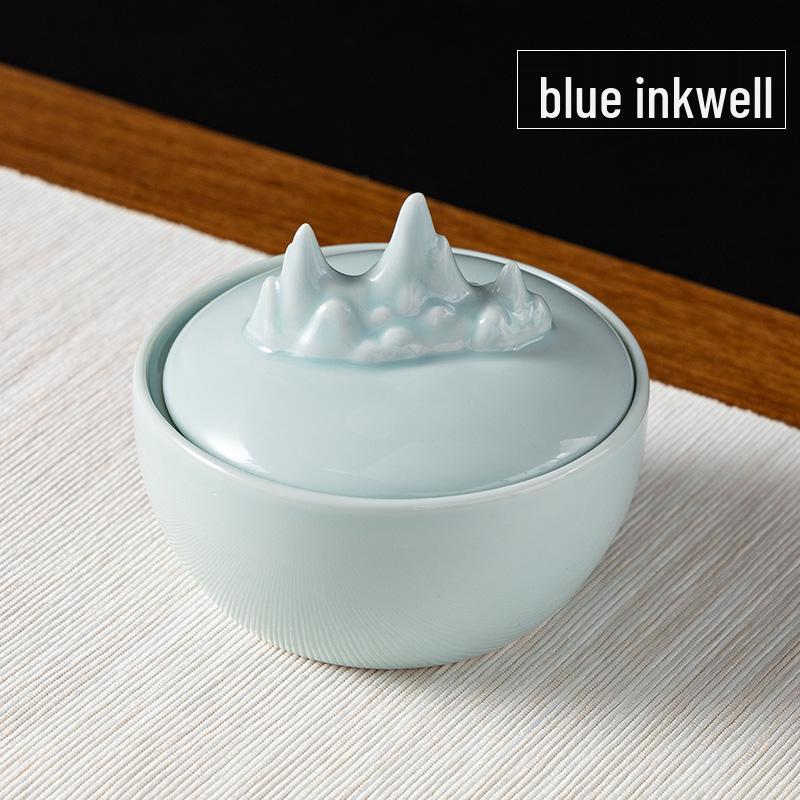 Ru Kiln Celadon Inkstone: Double Circle Inkwell with Lid, Anti-Dry Calligraphy Ink Dish, Antique Ink Box.