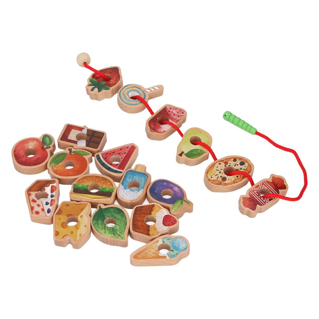 Wooden Threading Toy Fine Motor Skills Early Learning Food Fruit Shape Blocks Lacing Toy for