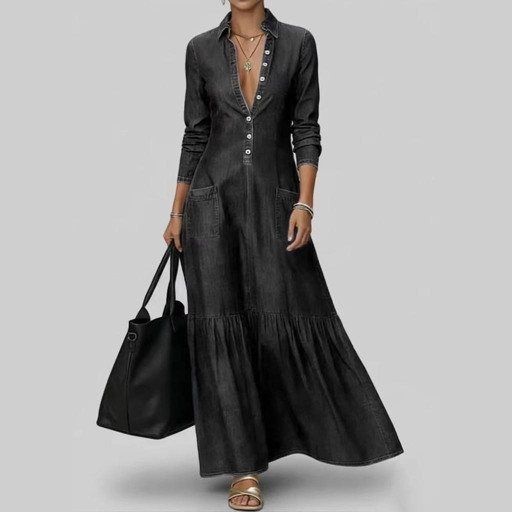 European and American cross-border street retro collar temperament denim dress women's summer new high-end foreign-style waist dress