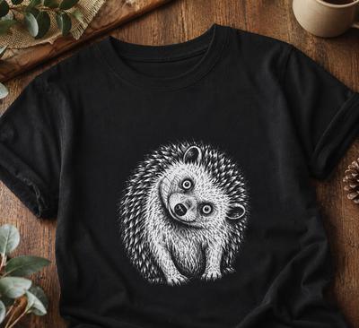 Hand Drawn Hedgehog T-Shirt, Black Ink Woodland Animal Tee, Minimalist Nature Graphic