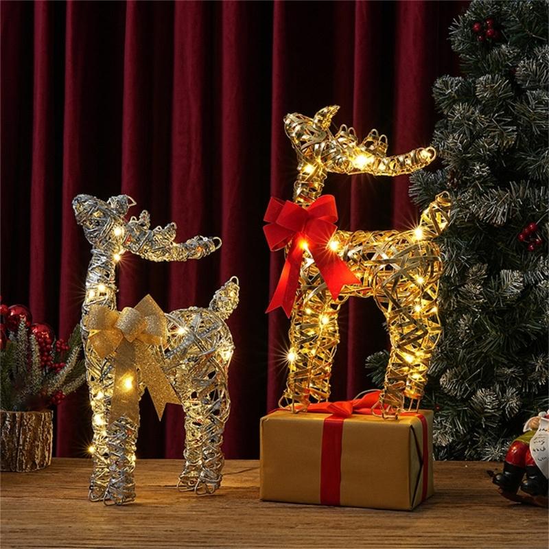 Iron Frame Holiday Reindeer Decoration for Entryway Display, 15Inch Lighted Christmas Deer with LED Light for Tabletop Shelf