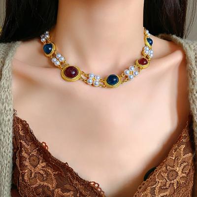 2 Pcs/Set Women Jewelry Set Faux Pearl Double-layered Thick Chain Earrings Exaggerated Retro Royal Style Geometric Stone Necklace Set