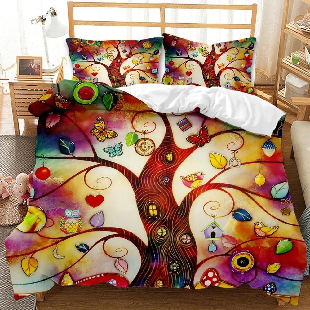 Natur-Bettbezug, digitaler psychedelischer Lebensbaum mit sich drehendem gotischen Hintergrund, Mystery-Display, Kingsize-Bettwäscheset aus Polyester