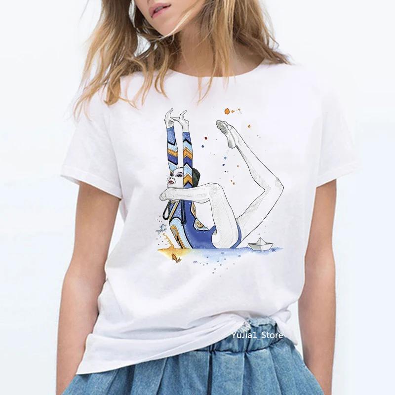 Summer 2024 Watercolor Ballet Dancer Printed Girl Black T Shirt Kawaii Gymnastics Dance Lover Gift Tee Shirt Femme Custom Tshirt