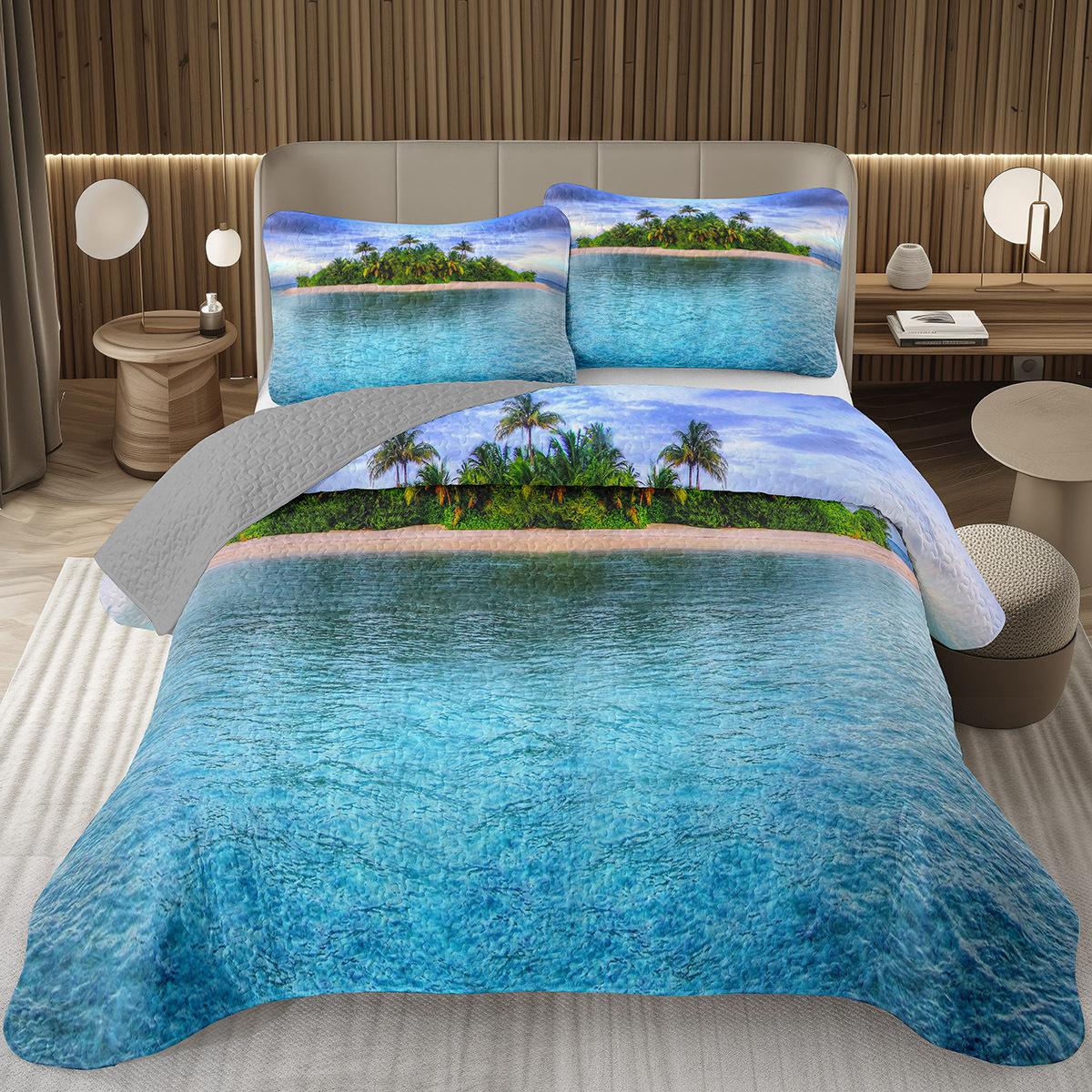 

Comforter Ocean Twin Queen Summer Beach Quilted Bedding Set Hawaiian Vacation Style Set Tropical Palm Tree Bed Comforter (quilt)-EU Single(135*200cm)3pcs