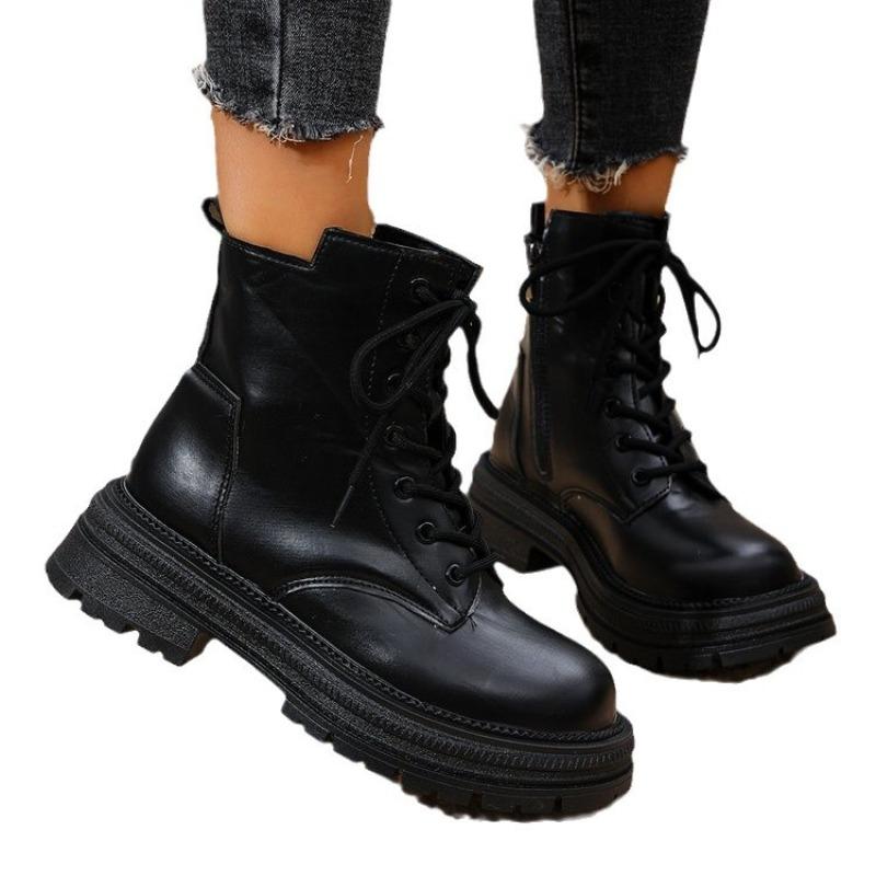Plus Size Fall/Winter 2025 Women's Boots Martin Boots with Fleece Thick Soles and Lace-up Black Classic Booties for Women