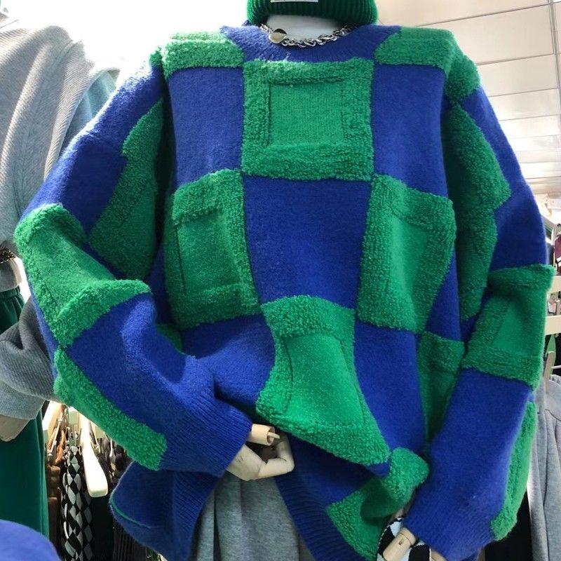 Autumn/Winter Sweater Color Contrast Thick Knitted Three Dimensional Plush Large Grid Lazy Style Sweater for Women
