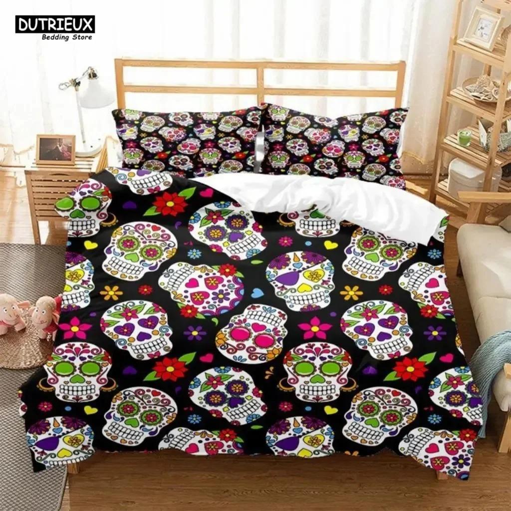 Skeleton Skull Bedding Set Queen King Full Size Duvet Cover Set With Pillowcases Rose Flower Bed Linen For Adults Teens