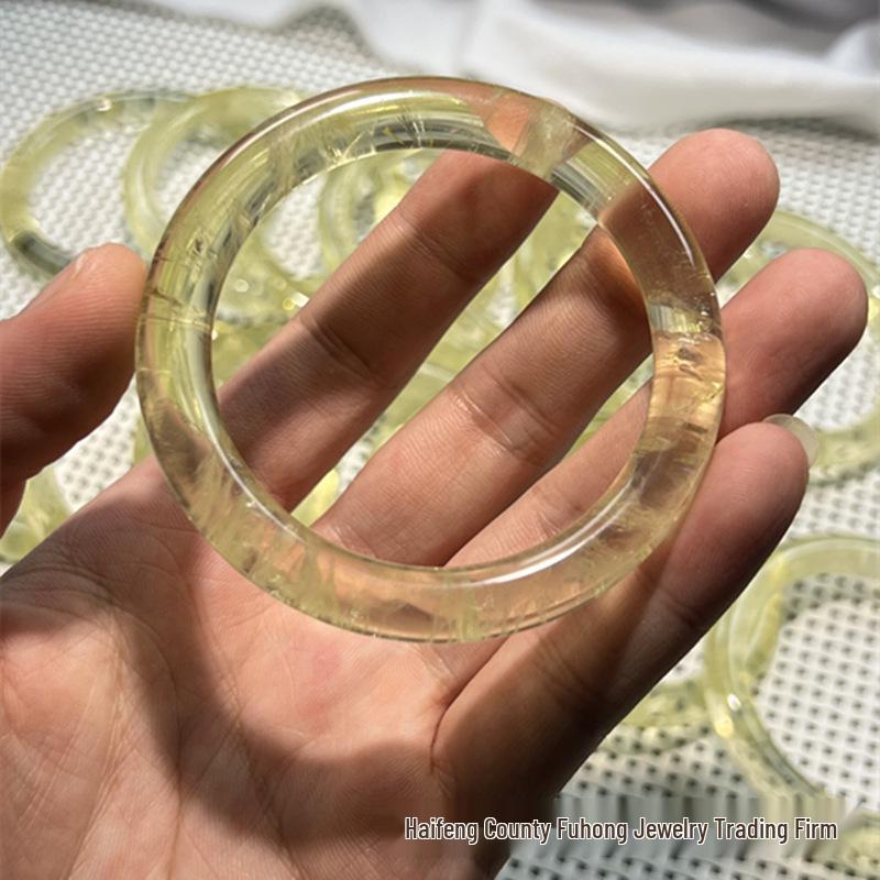 Women's Fashion Natural Citrine Bracelet - Wide Lemon Color, Transparent with Rainbow Effect.