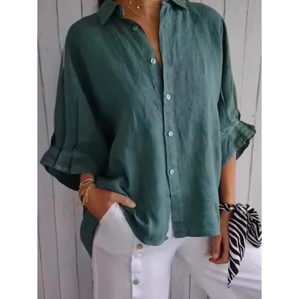Blusa casual a maniche 3/4 con collo polo in bianco unito per primavera/autunno