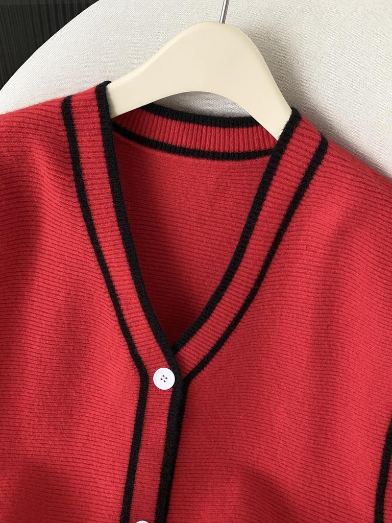 European & American V-neck Color Block Fleece Knit Vest - Autumn Loose Fit