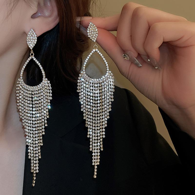 Light luxury style diamond-encrusted water drop long fringed silver needle earrings personality exaggerated niche temperament high-end earrings