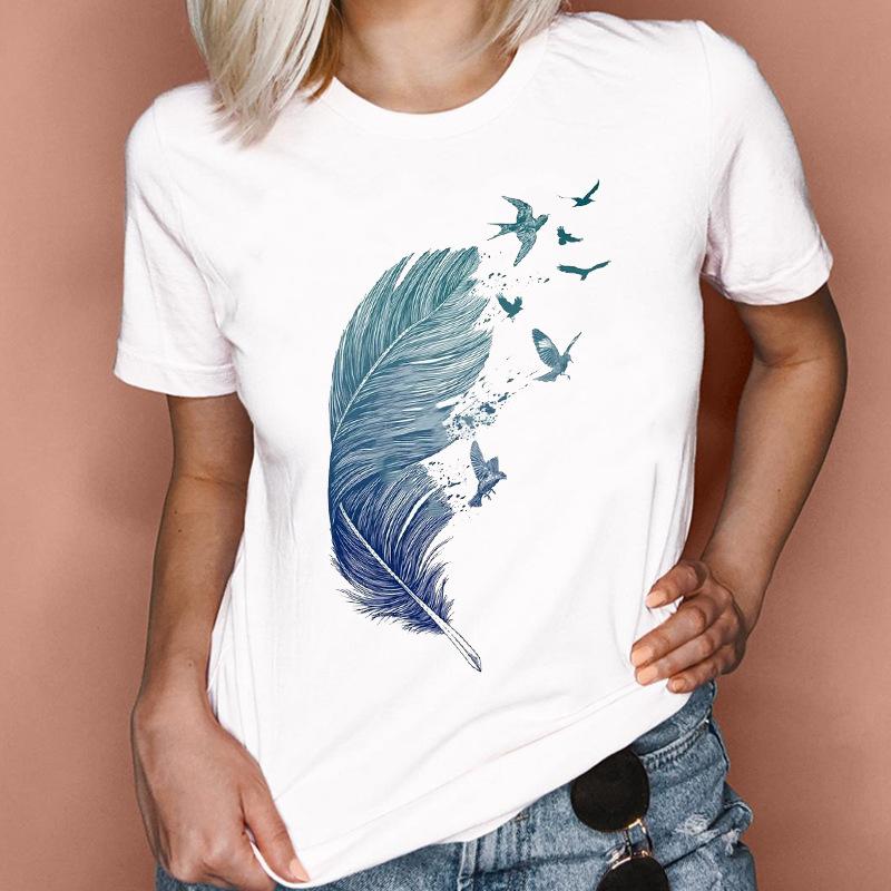 Fashion Feather Graphics Women T-Shirts Summer 90S Blouse Short Sleeve Tees O-Neck Female Tops Streetwear Y2K Clothing