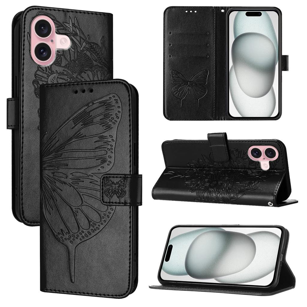 Für iPhone 16 Brieftasche Hülle mit Handschlaufe Schmetterlingsprägung Leder Handyhülle