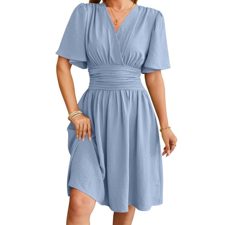 Summer Casual V Neck Short Sleeve A Line Midi Dress Women Solid Color Fashion Dress