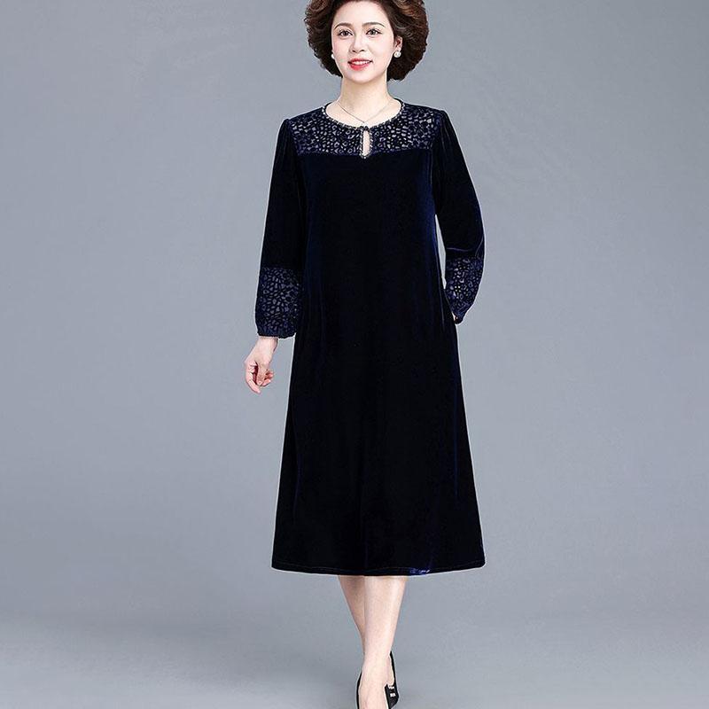 Autumn Winter Women's Gold Velvet Dress Crew Neck Plus Size Dress Long Dresses