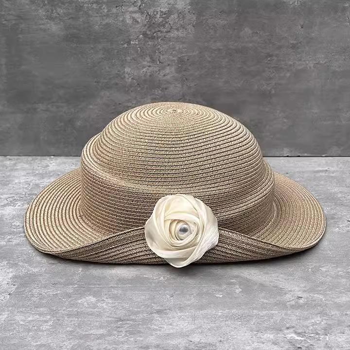 Charm Clothings Women's Beige/Black French Hepburn Wind Rose Flower Pot Hat Fine Straw Summer Straw Hat Travel Curling Elegant Sun Hat 56-58Cm