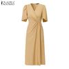 ZANZEA Women Casual V-Neck Summer Short Sleeve Long Dress
