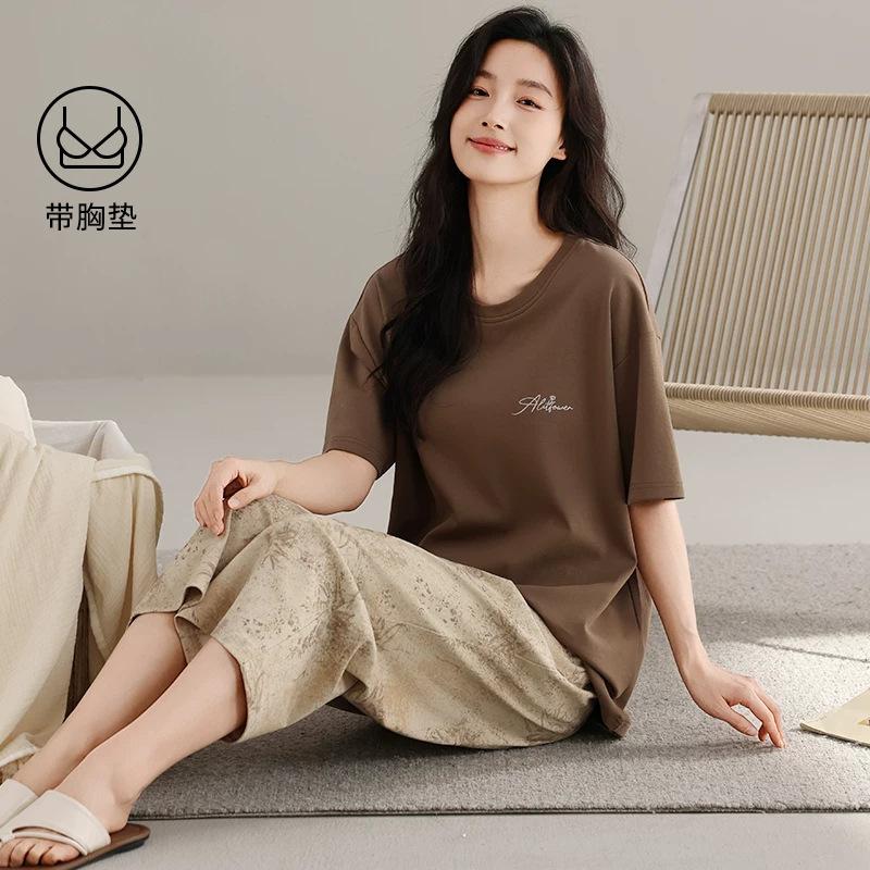 Pajamas with Chest Pads Women's 1011 New Summer Modal Cotton Short-sleeved Cropped Pants Can Be Worn Outside Loungewear In Summer