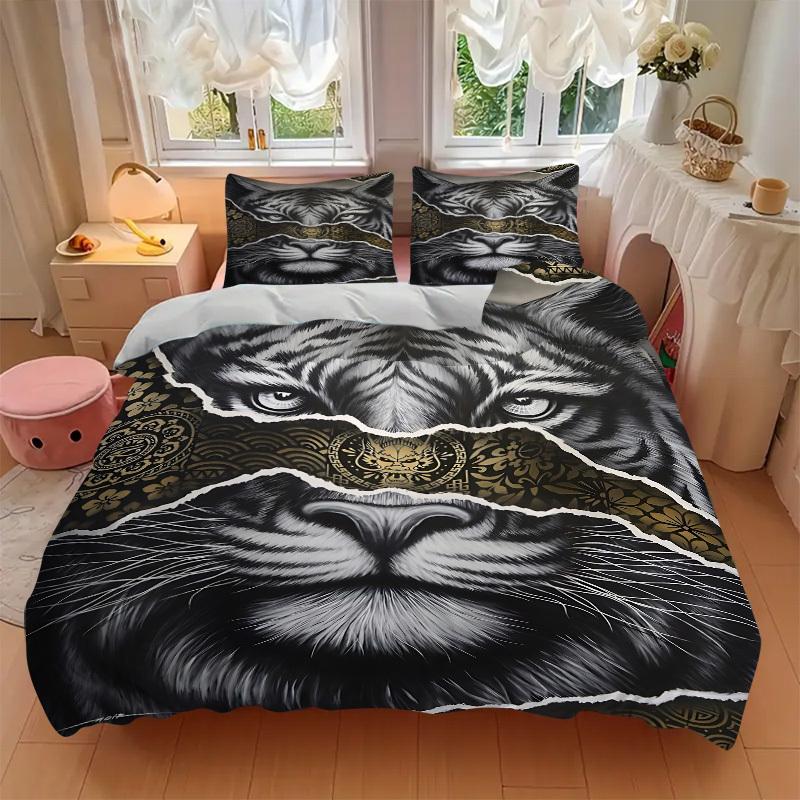 3pcs Tiger Face Artwork Duvet Cover Set, Soft Comfortable Duvet Cover,Guest Room (1*Duvet Cover + 2*Pillowcase, Without Core) yy251104178