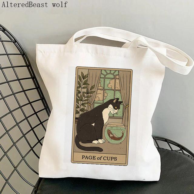 Kadın Alışveriş çantası Balık kedi Tarot Baskılı Kawaii Çanta Harajuku Alışveriş Kanvas Alışveriş Çantası kız çanta Tote Omuz Bayan Çantası