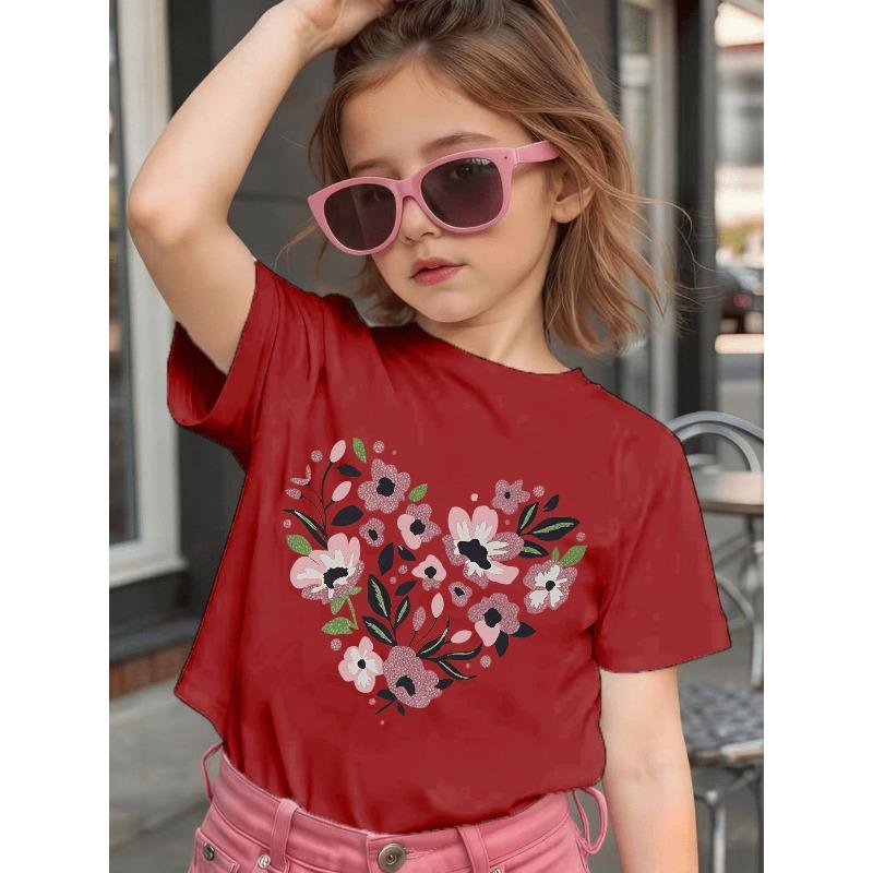 European Sizes Baby Short Sleeve Sweet Pink Floral Heart Pattern Girls' Summer Cartoon Cute Loose Casual T-Shirt