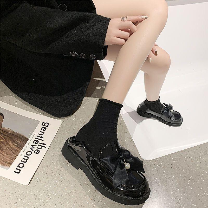 Black Round Toe Loafers Shoes for Women With Bow Low Heel Elegant Woman Pumps High Quality 39 Chic Point Popular Young Y2k Shoe