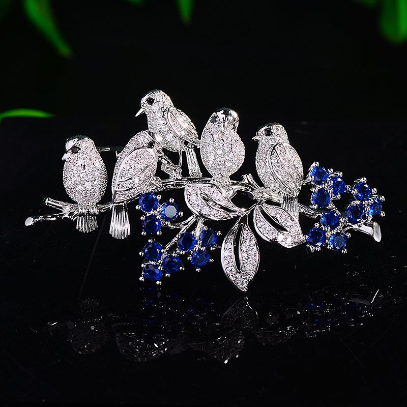 Chinese Magpie & Flowers Zircon Brooch – Exquisite Cheongsam Accessory