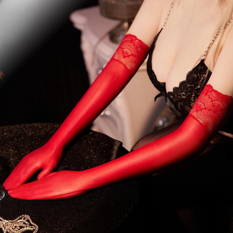 Women Sexy Lace Gloves Oil Shiny Masturbation Tube Ultra-Thin See-Through Night Club Wear Ultra Elastic Transparent Mitten