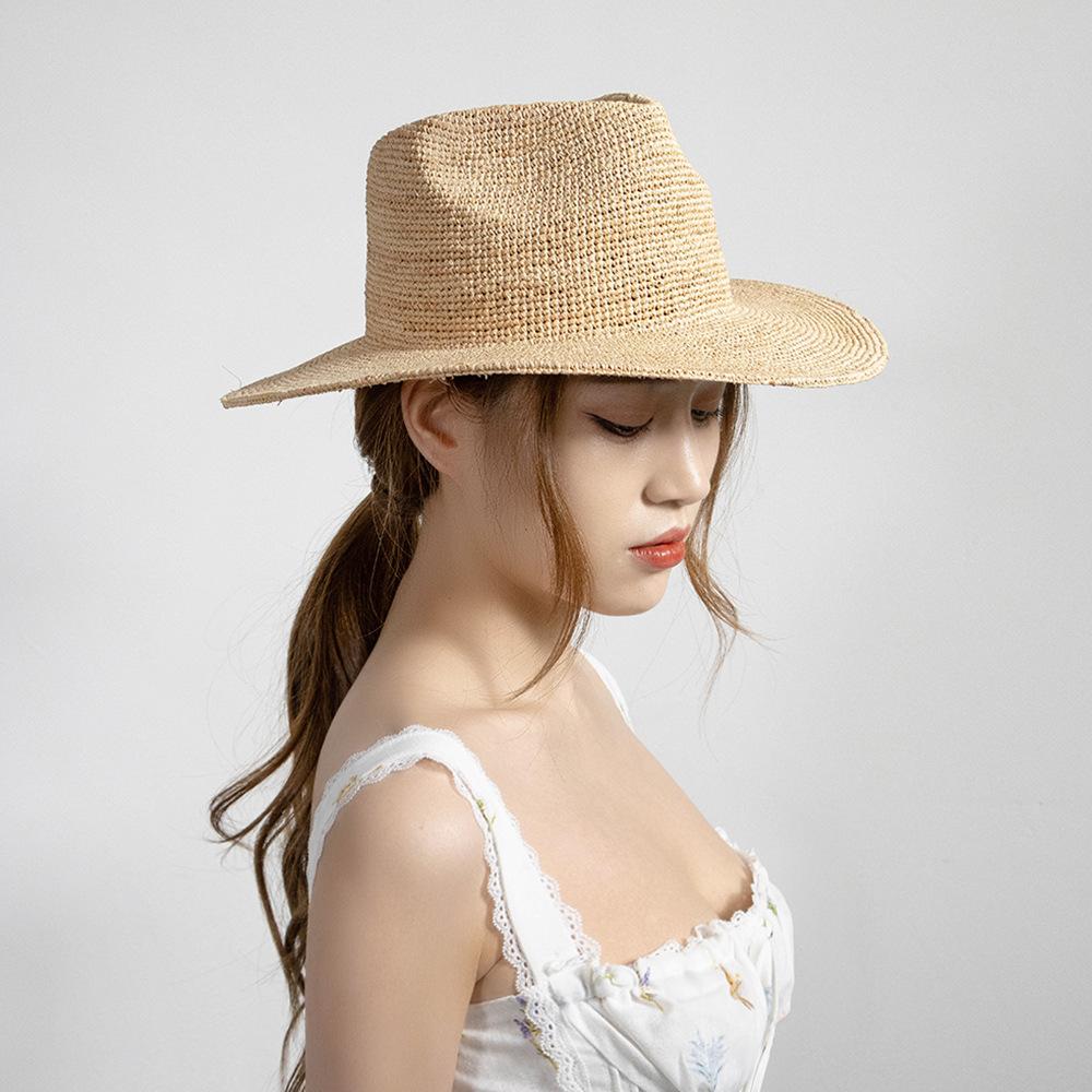 European and American high-end handmade crochet fine raffia wide-brimmed jazz hat outdoor sunscreen sunshade straw hat
