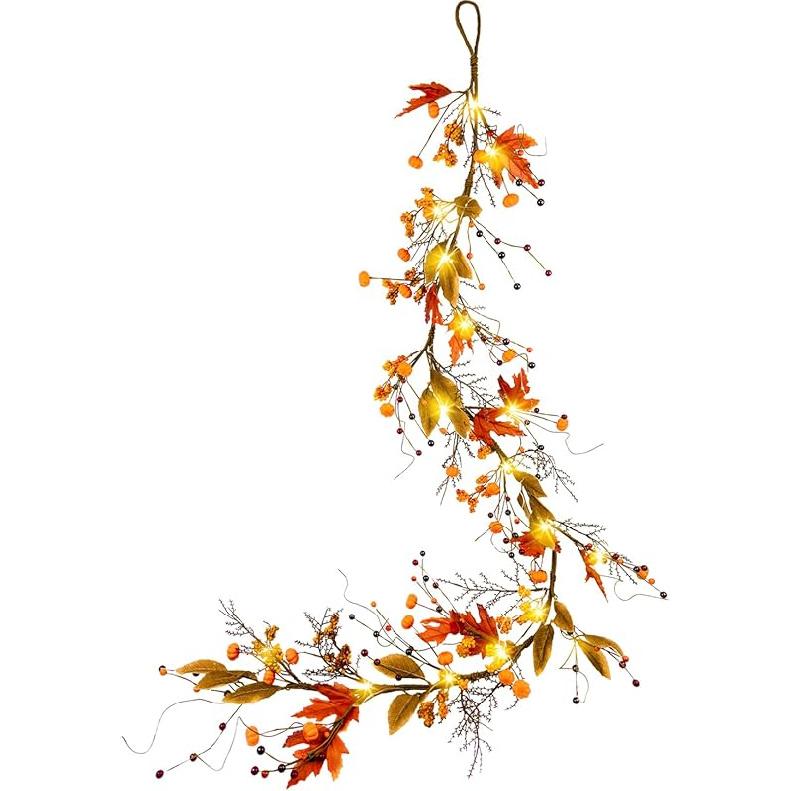 Fall Decorations 6Ft Lighted Flower Garland with Pumpkins Maple Leaves Berries Autumn Decorations for Home Porch Harvest Thanksgiving Halloween Pumpkin Berries
