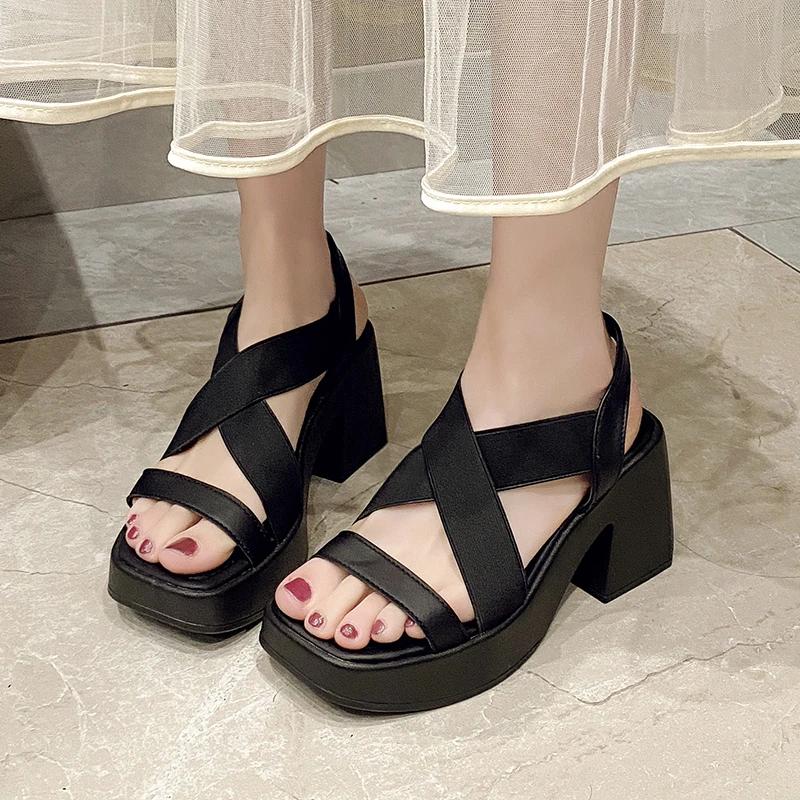 Fashion 2025waterproof platform, summer new style, thick heel, square head, toe exposed, Roman, retro, black, French women's sandals