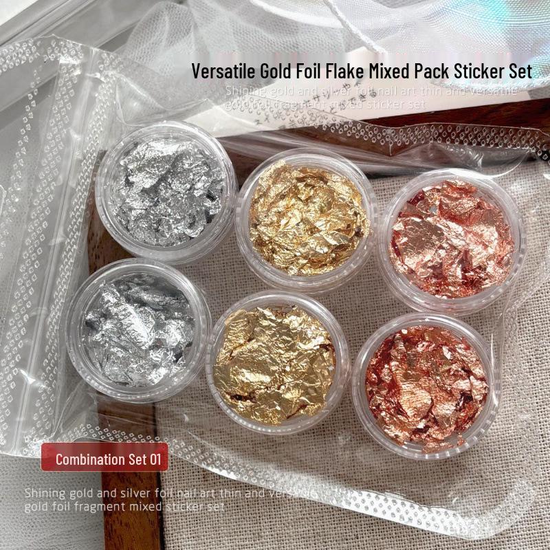 6-Color Gold & Silver Foil Nail Art Decoration Set - Glitter Laser Tin Flakes Stickers