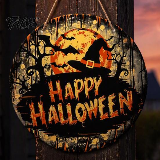 Wooden Witch Front Door Decor Halloween Hanging Sign, 8" Round Autumn Forest Gift for Friends Witches Rustic Holiday Sign Home Porch Decoration