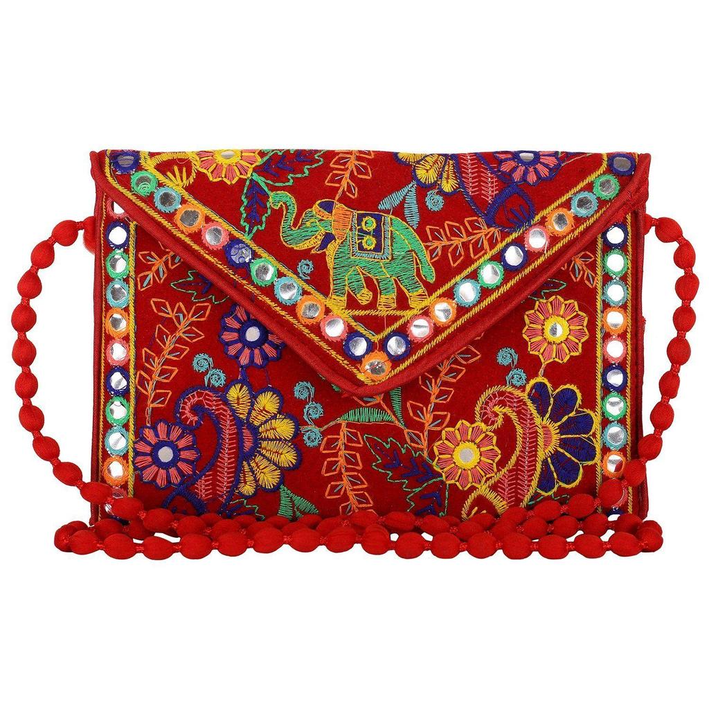 Clutch Bags for Women Handmade Embroidery Mirror Work Stylish Sling Bags for Women Cross Body Bags for Ladies and Girls - 22X16 Cm