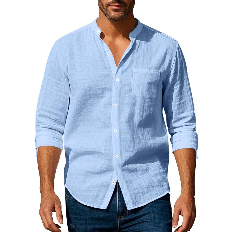 2026 Spring and Autumn Linen Shirt, Long Sleeve, Stand Collar, Breathable, Casual, Versatile Men's Shirt