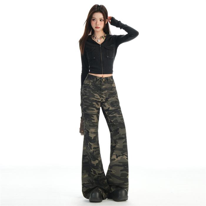 Autumn New Low-waist Non-stretch Mildly Spicy American Printed Camo Flap Pocket Design Workwear Jeans Women's Cotton